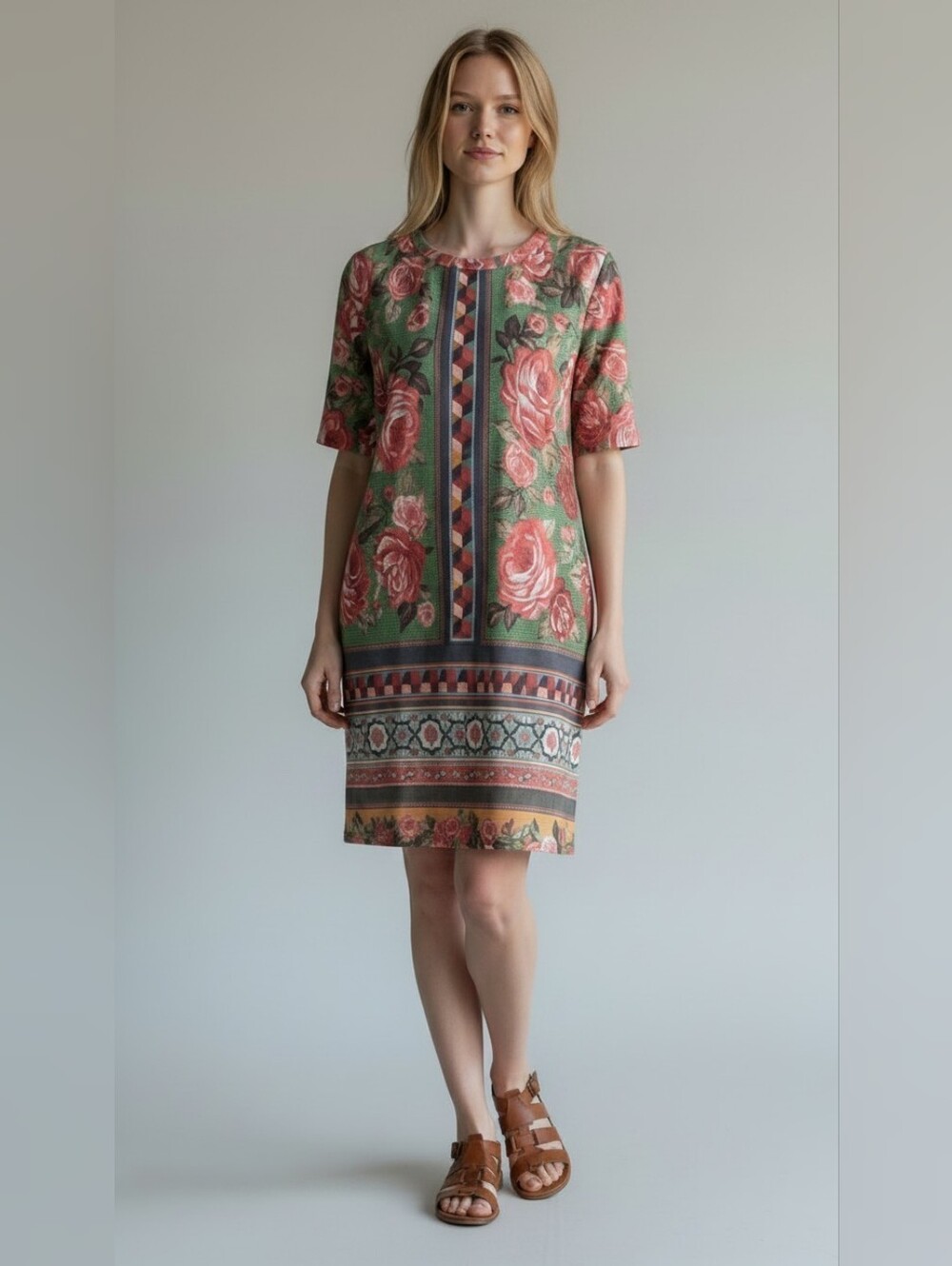 Farm Rio Green Pink Rose Print Geometric Trim Short Sleeve T-Shirt Dress Size M